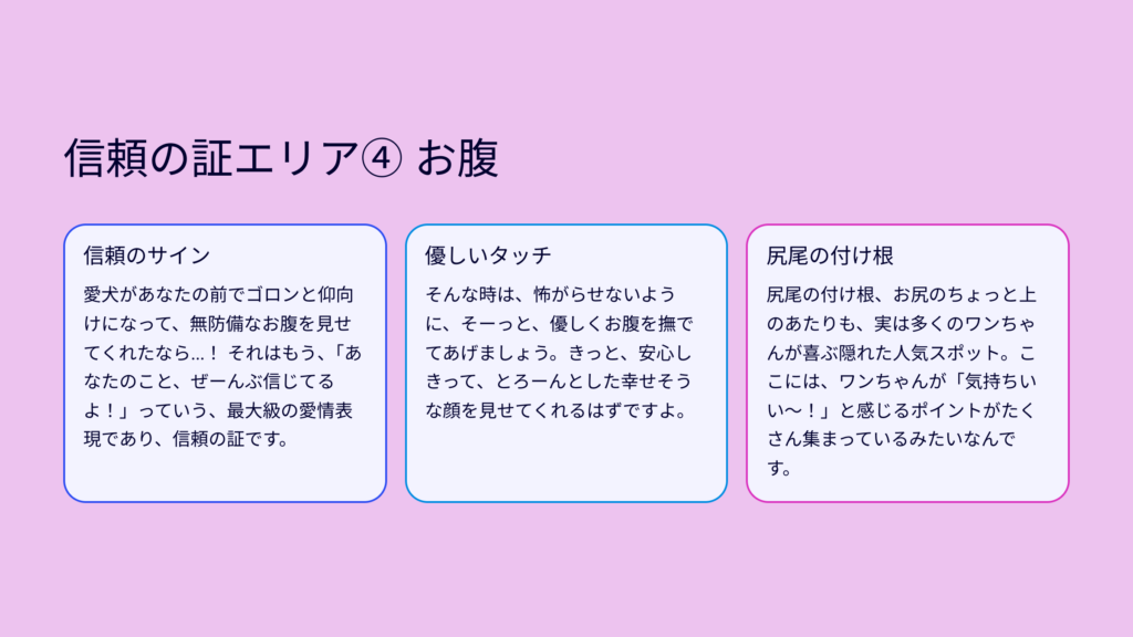 安心エリア② 首の下から胸にかけて

首の下

首輪が当たるあたりは、安心を感じやすいポイントです。ゆっくり、手のひら全体で撫で下ろしてあげると、緊張がふっと解けていく子が多いんです。

胸のふかふか

胸のふかふかしたところも、多くのワンちゃんがリラックスできるスポット。まるで「大丈夫だよ、安心だよ」って、あなたの手のぬくもりを通して伝わります。

背中

背中、特に肩甲骨周りをゆっくりマッサージするように触ってあげると、「あ〜、そこそこ…」なんて感じで、体がゆるんで気持ちよさそうな表情を見せてくれるかもしれません。

信頼の証エリア④ お腹